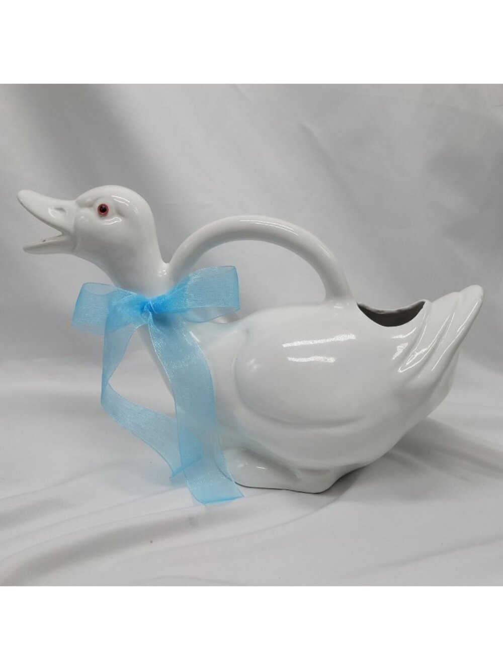 Vtg Duck Ceramic Pitcher Vase With Handle White With Red Eye Detail 11"×6.5" Hom